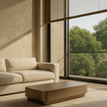 Load image into Gallery viewer, Beige sofa and coffee table in a room with large windows showing greenery outside.