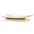 Load image into Gallery viewer, A modern floating coffee table with a clear glass top and sculptural light wood base, shown on a plain white background.