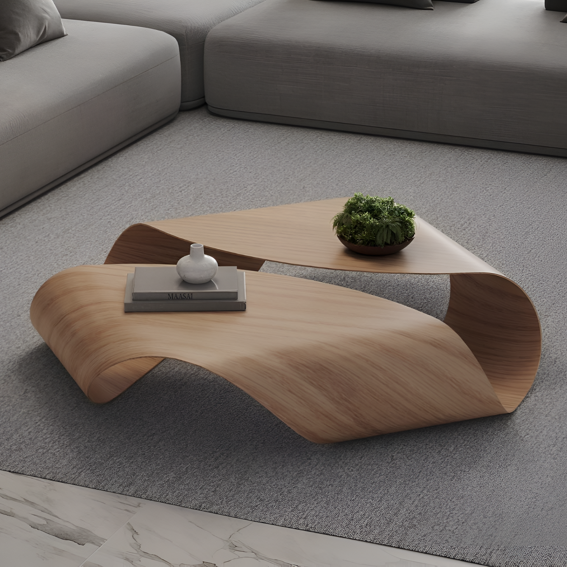 sculptural coffee table in oak wood finish, organic shape
