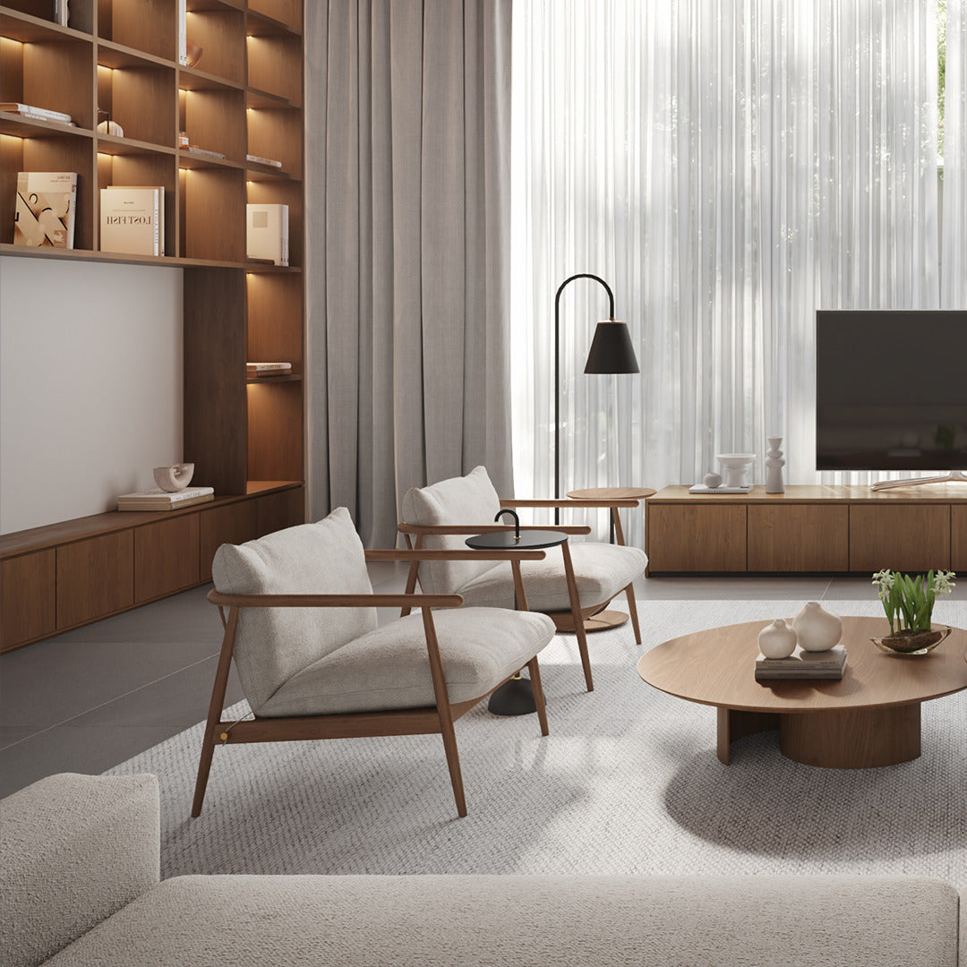 Modern living room with wooden furniture, bookshelves, and a TV.