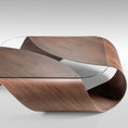 Load image into Gallery viewer, sculptural coffee table in walnut finish, organic shape with glass top