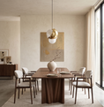Load image into Gallery viewer, A modern dining room featuring a dark wood rectangular table with six upholstered chairs, a spherical pendant light with white and gold shades, and a large abstract painting on the textured beige wall.