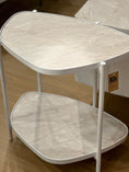 Load image into Gallery viewer, Two-tiered marble-patterned table with a visible brand tag on a wooden floor.