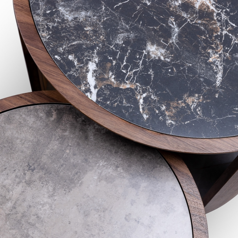 Fazani side table in walnut with a natural marble top