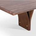 Load image into Gallery viewer, A rectangular dining table leg detail, with natural walnut wood finish and a distinctive Y-shaped design in its legs, set against a white background.