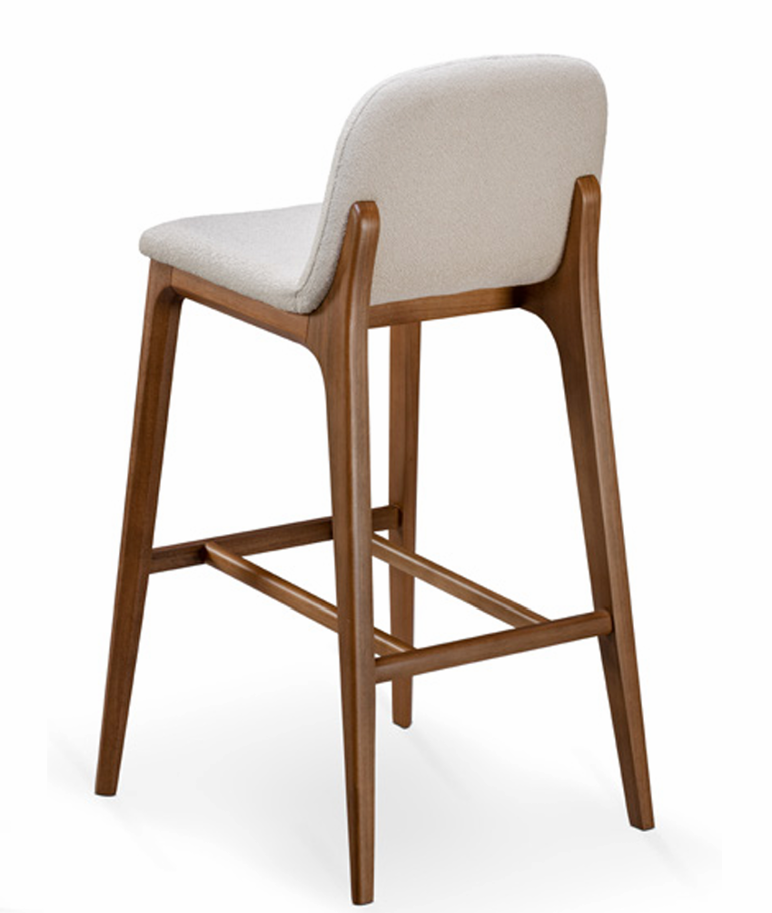 Bar stool with wooden frame and beige cushioned seat on a white background