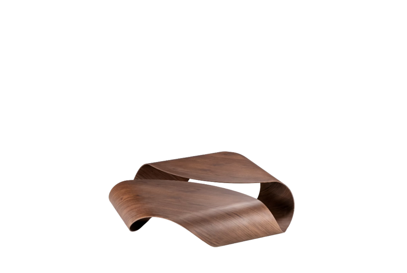 sculptural coffee table in walnut wood finish, organic shape