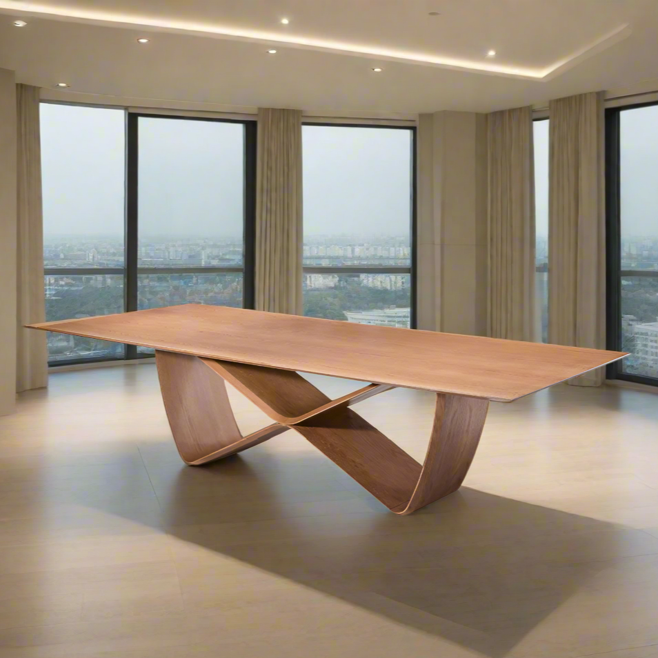 A modern dining table with a unique infinity symbol shaped base and a wooden tabletop.