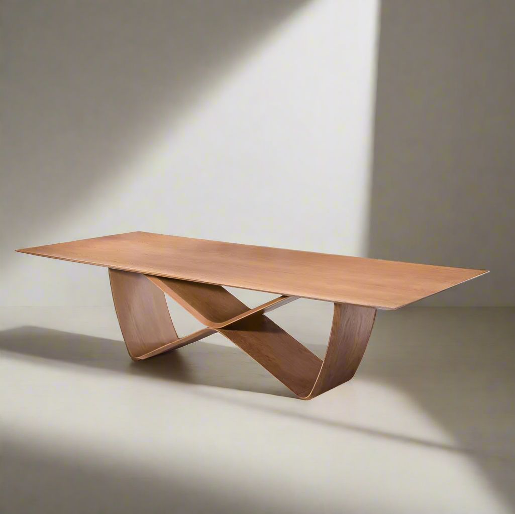 A modern dining table with a unique infinity symbol shaped base and a wooden tabletop.