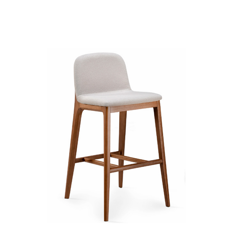 Bar stool with wooden legs and a light gray cushioned seat on a white background