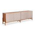 Charger l'image dans la visionneuse de la galerie, A mid-century modern sideboard featuring a warm wood frame and four doors with a textured, woven geometric pattern in beige and white, shown on a plain white background.