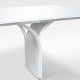 Load image into Gallery viewer, Modern white glass table with a sleek design on a light gray background