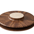 Charger l'image dans la visionneuse de la galerie, A round walnut coffee table with a dark brown marbled wood grain pattern, featuring a travertine circular center and a matching dark wooden base, shown on a solid white background.