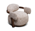 Load image into Gallery viewer, Modern chair with beige fabric and wooden armrests on a white background