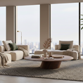 Load image into Gallery viewer, Modern living room with beige furniture, a rug, and large windows with a city view.