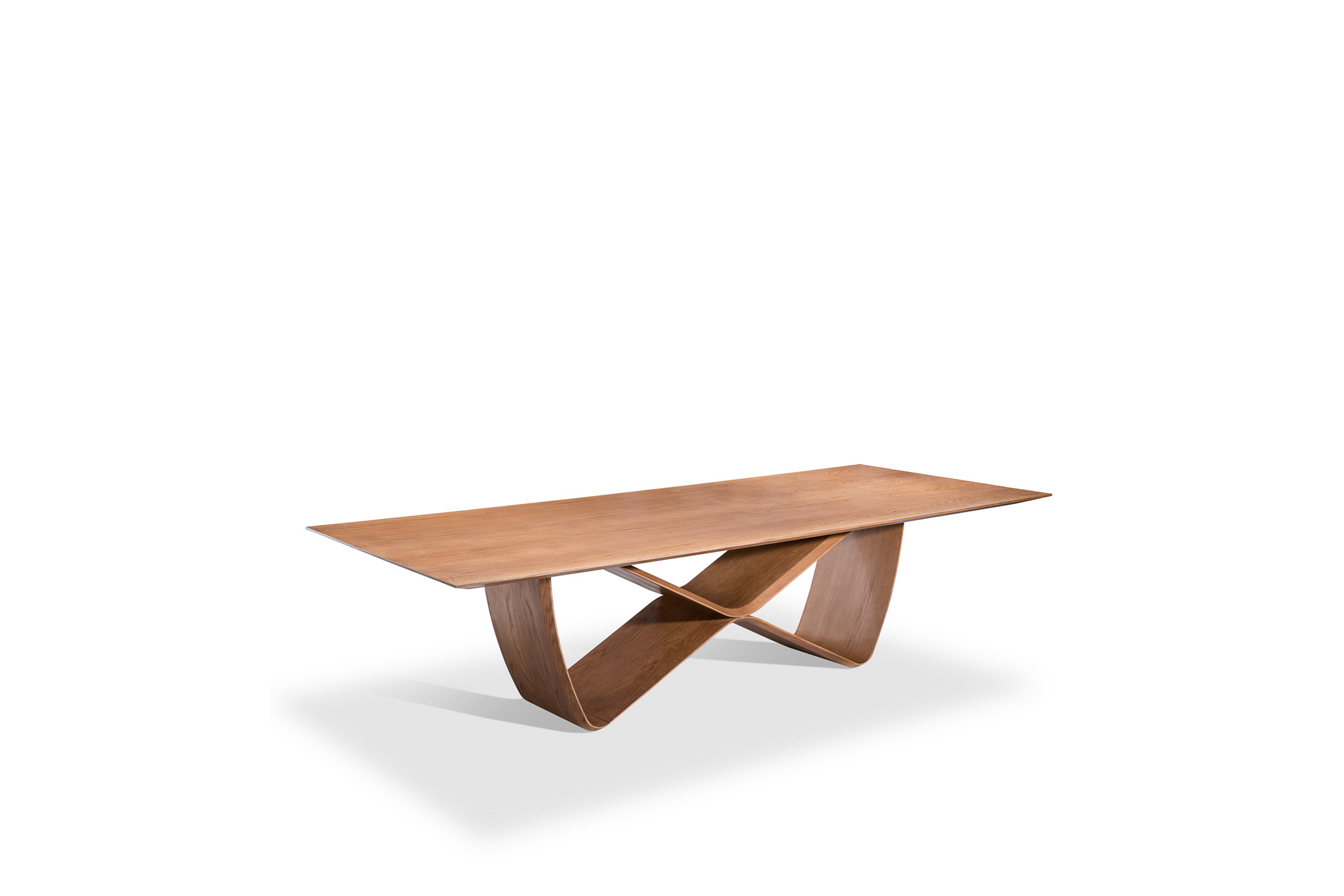 A modern dining table with a unique infinity symbol shaped base and a wooden tabletop.