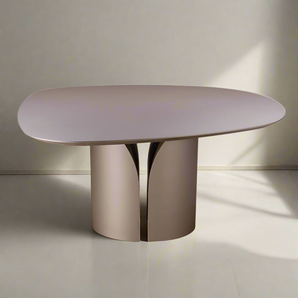 round wood dining table, mettalic lacquer finish