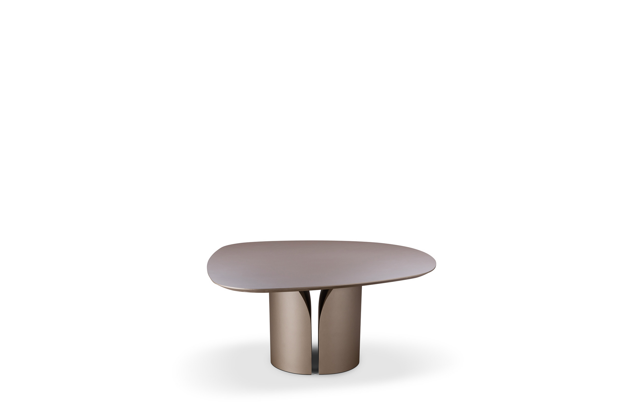 A contemporary designer dining table with a sleek wood graphite metallic lacquer base and a round, wood top, designed to seat six people maximum.