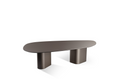 Load image into Gallery viewer, A contemporary design dining table with a smooth, oval-shaped wood tabletop in graphite color, supported by two cylindrical legs.