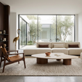 Load image into Gallery viewer, Modern living room with beige sectional sofa, wooden chair,marble coffee table and decorative elements.