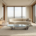 Load image into Gallery viewer, Modern living room with beige sofa, glass coffee table, and large windows.
