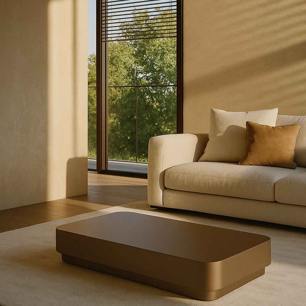 Modern living room with beige sofa, brown coffee table, and large window.