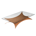 Load image into Gallery viewer, A modern rectangular coffee table with a clear glass top and a sculptural, curved wooden base in a warm medium brown finish, shown on a plain white background.

