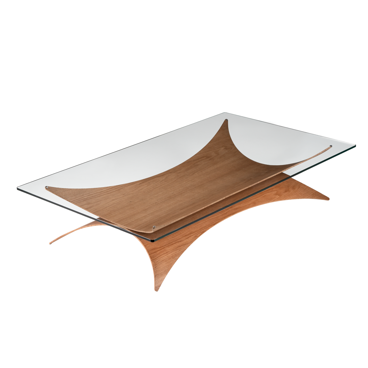 A modern rectangular coffee table with a clear glass top and a sculptural, curved wooden base in a warm medium brown finish, shown on a plain white background.
