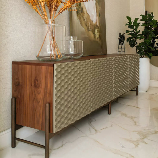 A sideboard with a smooth, lacquered finish and wood finish  with four doors
