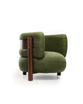 Load image into Gallery viewer, Green armchair with wooden armrest on a white background
