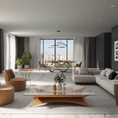 Load image into Gallery viewer, A modern, spacious living room featuring a light beige sectional sofa, a low glass-top coffee table with a wooden base, two round brown armchairs, and a large central dining area with a dining table and chairs in front of floor-to-ceiling windows.
