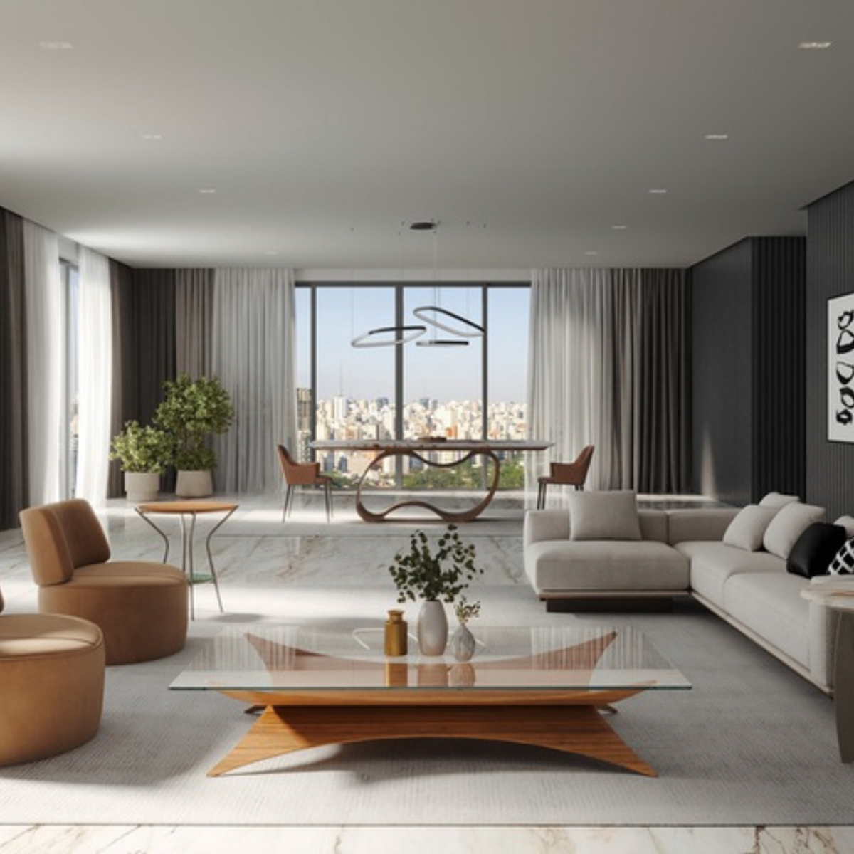 A modern, spacious living room featuring a light beige sectional sofa, a low glass-top coffee table with a wooden base, two round brown armchairs, and a large central dining area with a dining table and chairs in front of floor-to-ceiling windows.