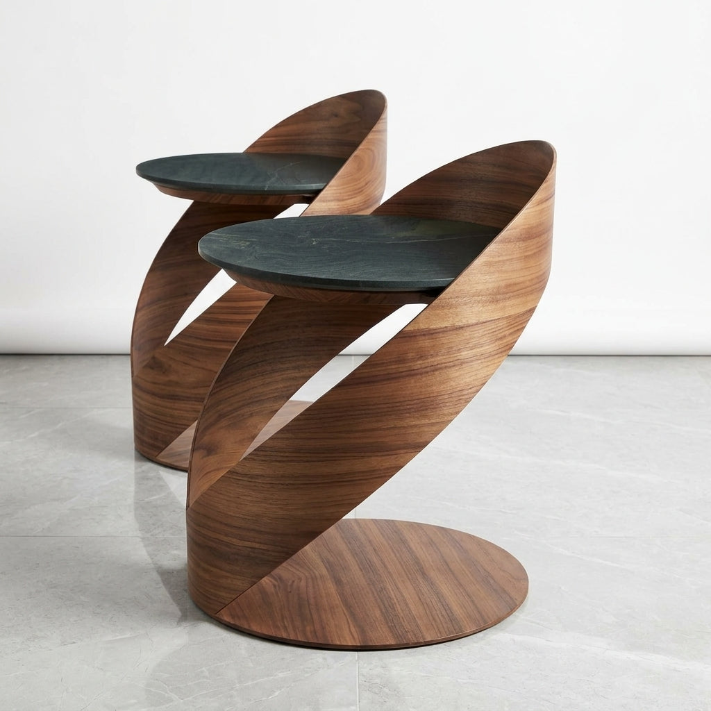 sculptural side table in walnut and avocatus marble
