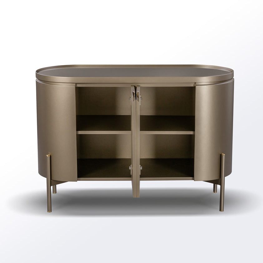 Bronze-colored oval cabinet on a white background