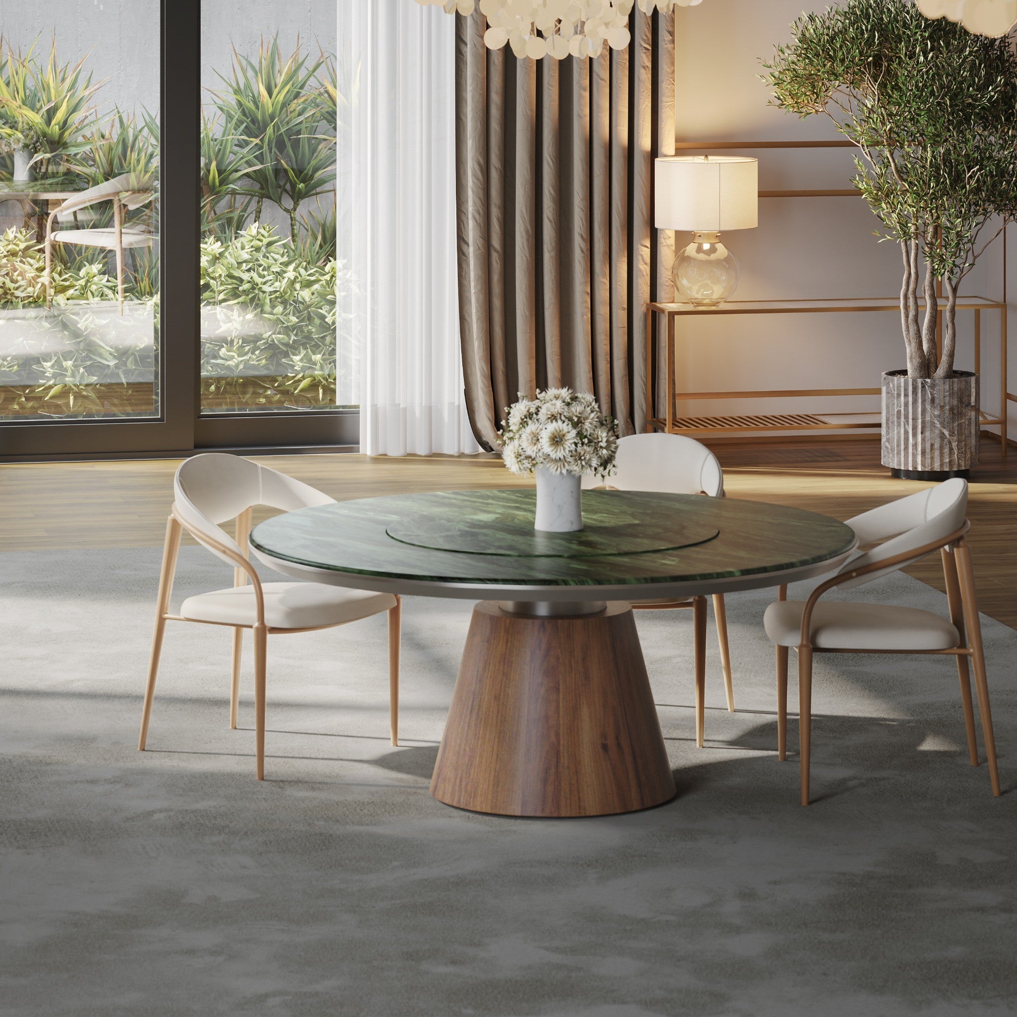 Modern dining room with a round marble top and wood table and chairs, large windows, and decorative plants.