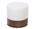 Load image into Gallery viewer, Round ottoman with white cushion top and wooden base on a white background
