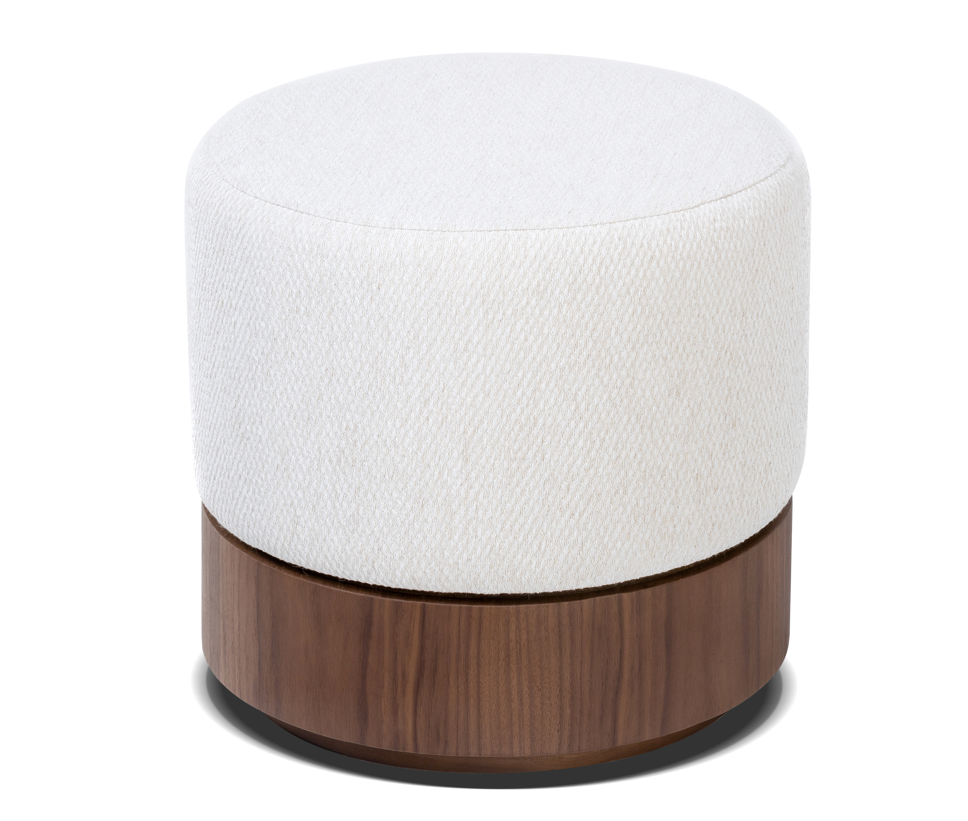 Round ottoman with white cushion top and wooden base on a white background