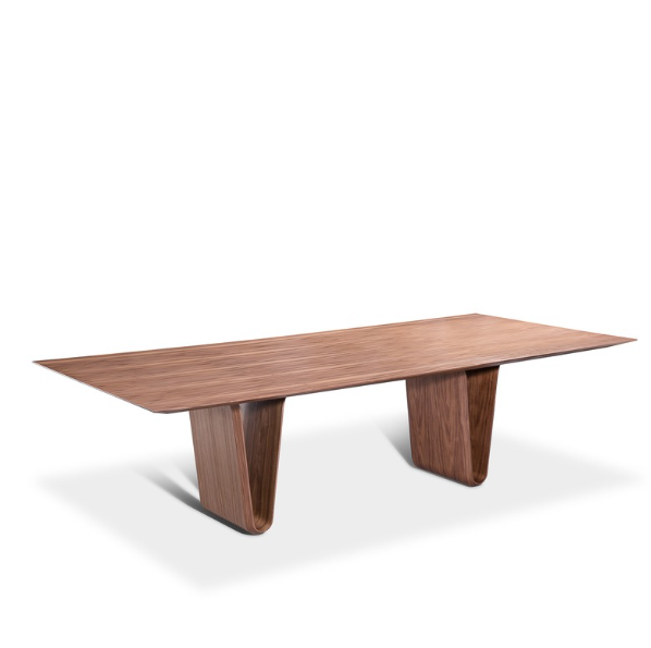 Wooden dining table with a minimalist design on a white background