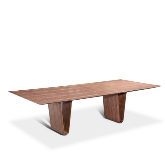 Wooden dining table with a minimalist design on a white background