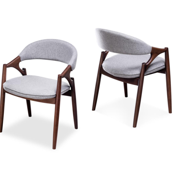 Two modern chairs with wooden frames and gray cushions on a white background