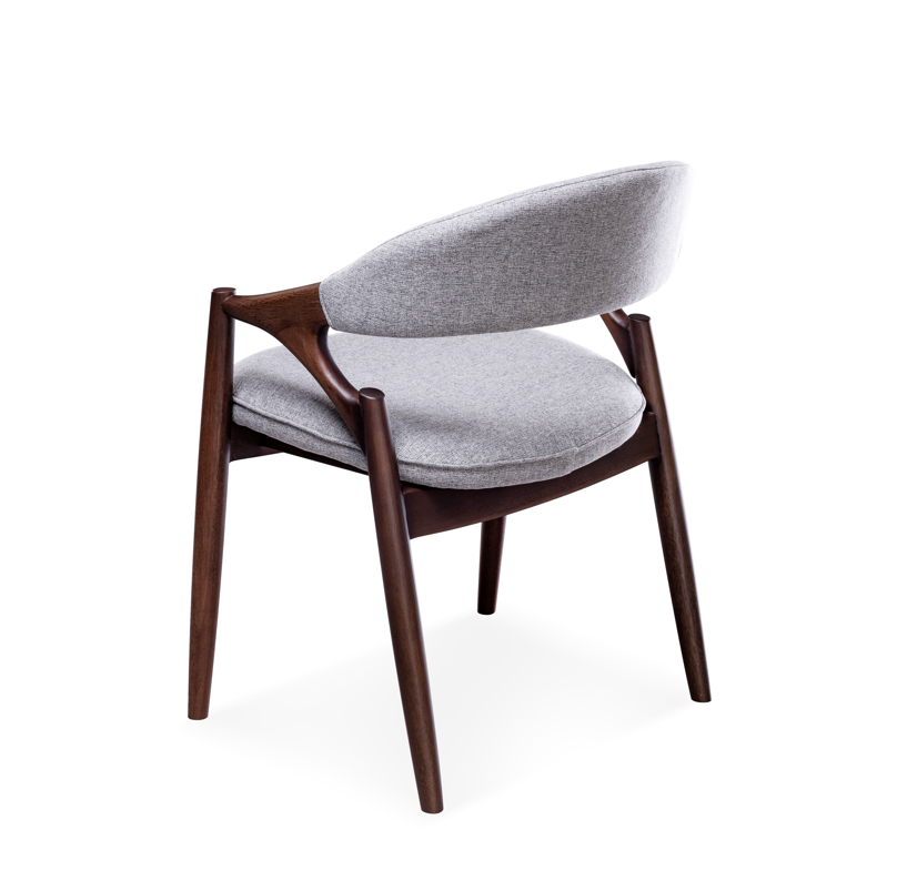 Modern chair with wooden frame and gray cushion on a white background