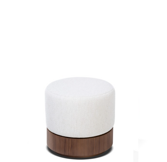 White cylindrical ottoman with a wooden base on a white background
