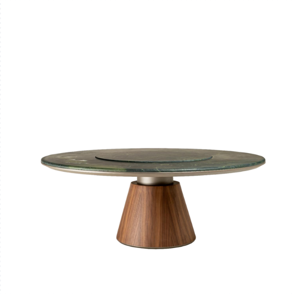 Round table with marble top and wooden base on a white background
