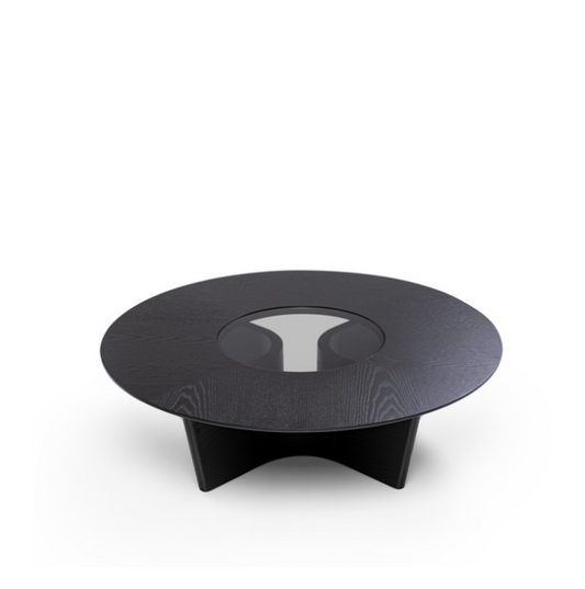 Round black coffee table on a white background