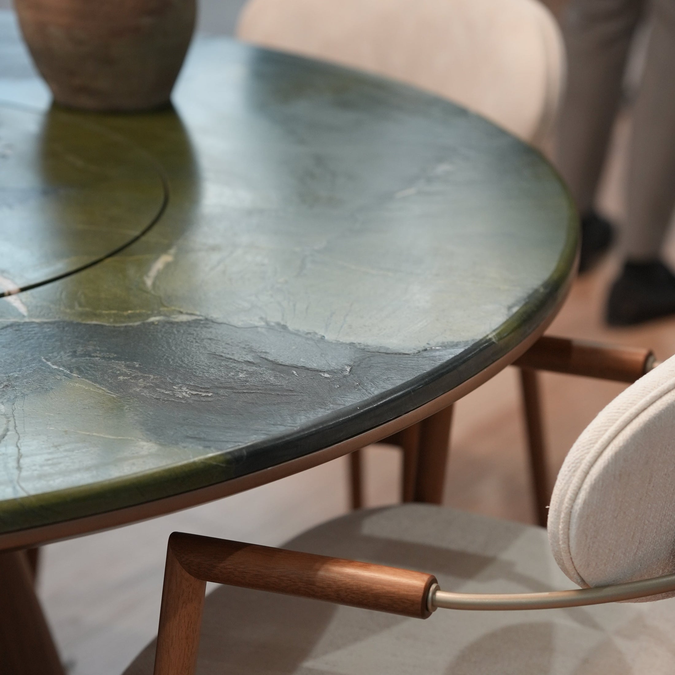 Close-up of table top with a marble surface and blurred background