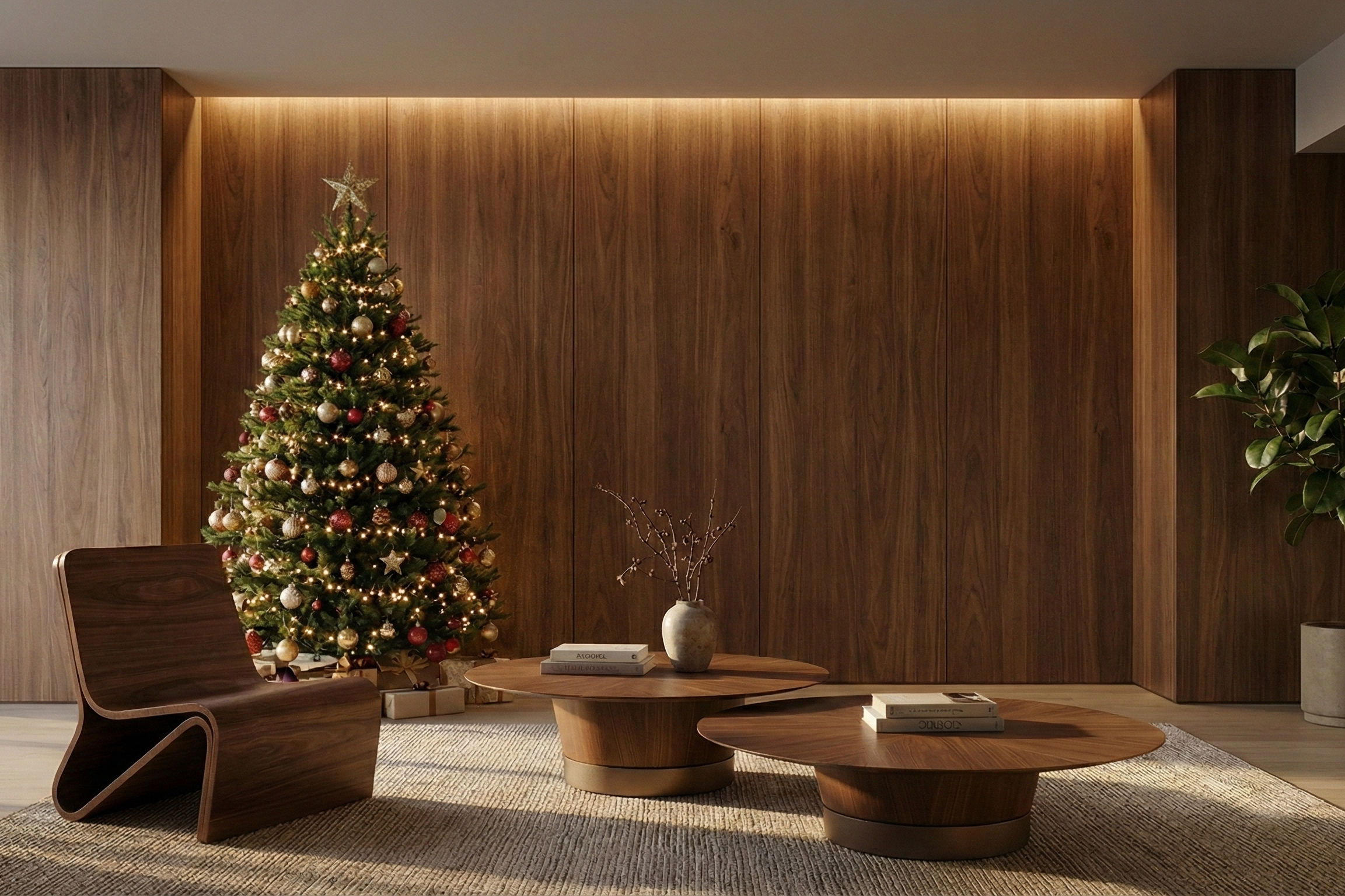 Modern living room with a decorated Christmas tree, wooden furniture, and plants.