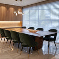 Load image into Gallery viewer, Modern dining room with wooden table and chairs near a large window.

