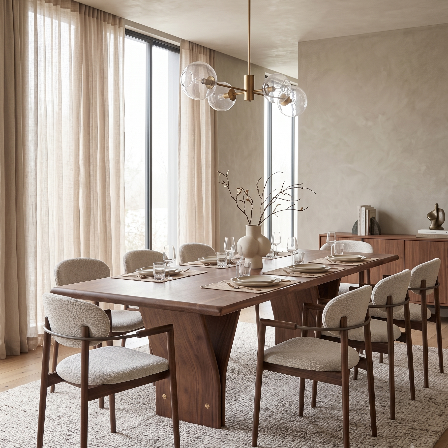 A modern dining room scene featuring a dark wood rectangular table surrounded by six upholstered dining chairs with dark wood frames, set on a textured light rug in a warm, neutral-toned room.
