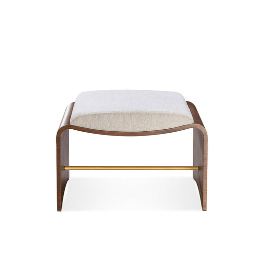 Modern stool with white cushioned seat and wooden frame on a white background