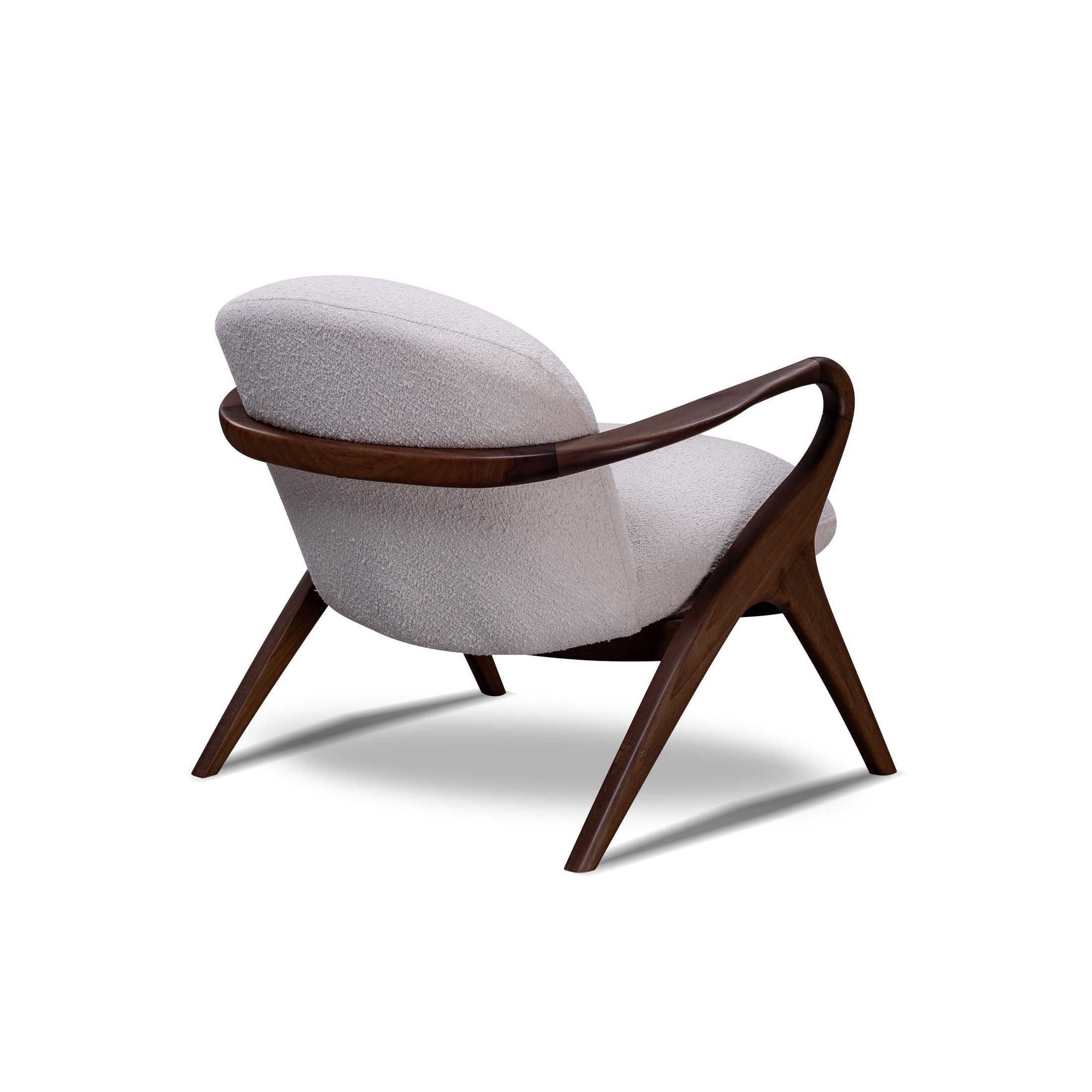 White armchair with walnut wooden frame on a white background